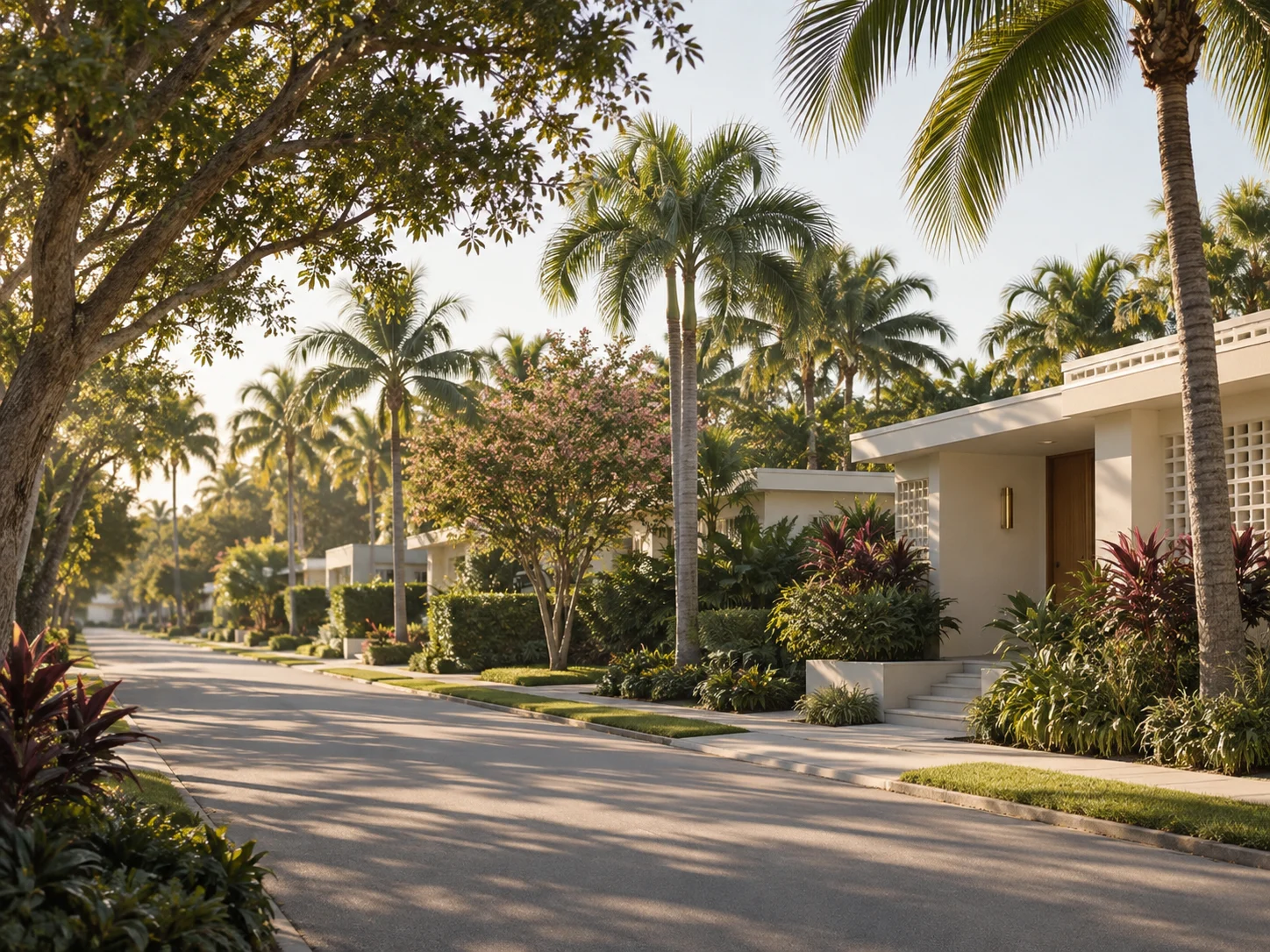 Palms and warm cream homes in a coastal neighborhood