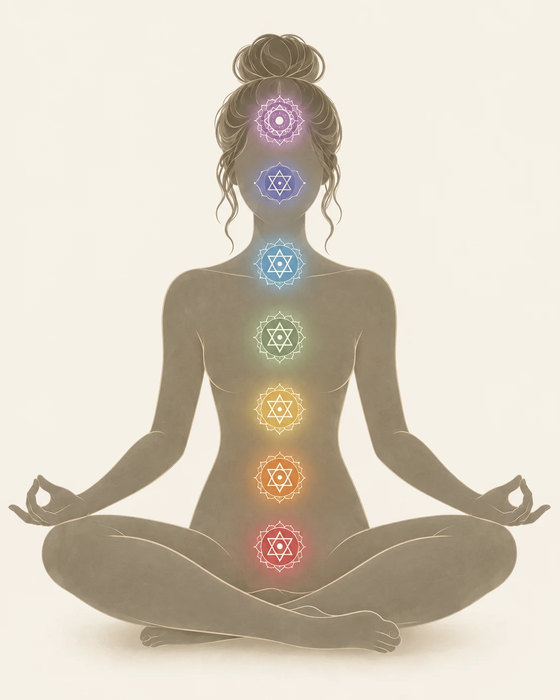 An artistic seated feminine silhouette with seven colored chakra symbols aligned within the head and body
