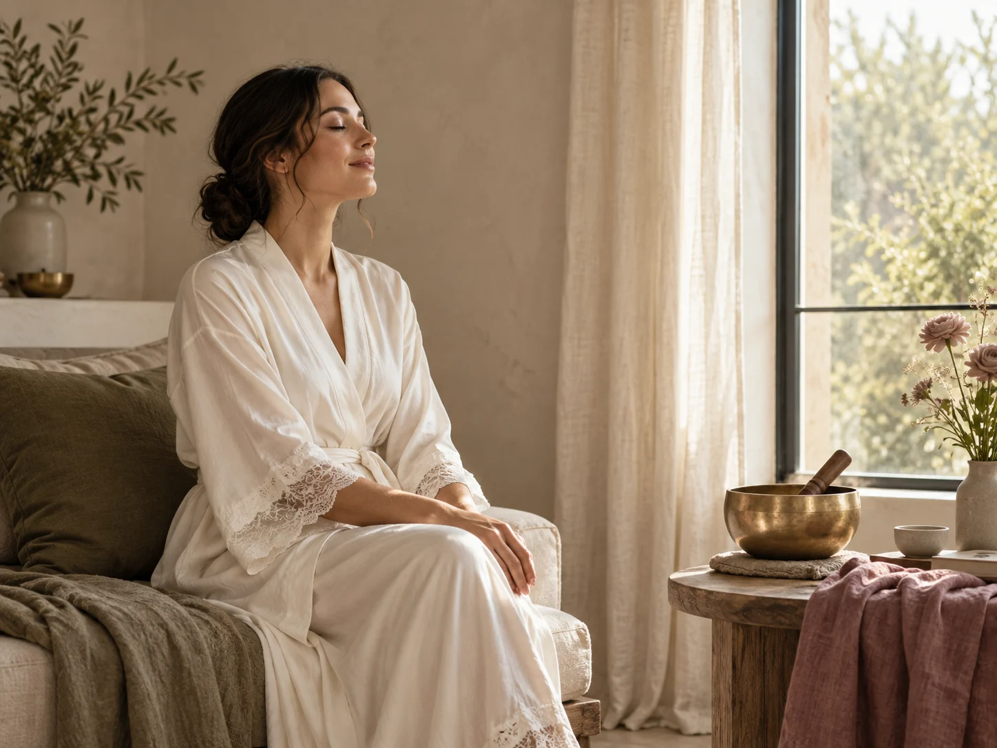 A bride taking a quiet moment beside a studio window