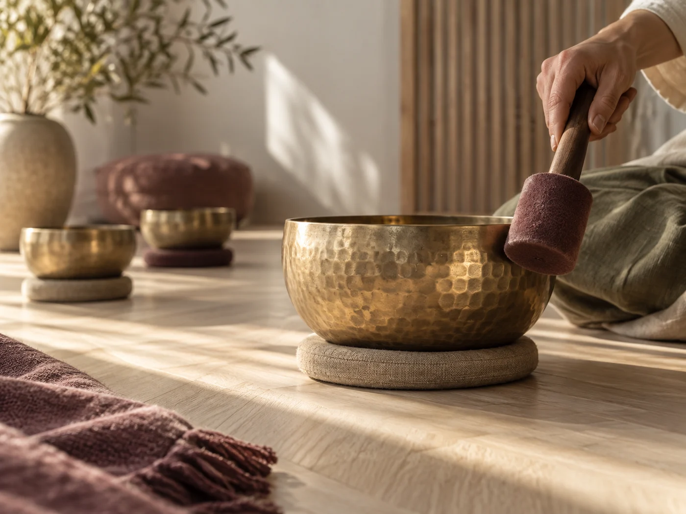 A singing bowl being played with a felt mallet