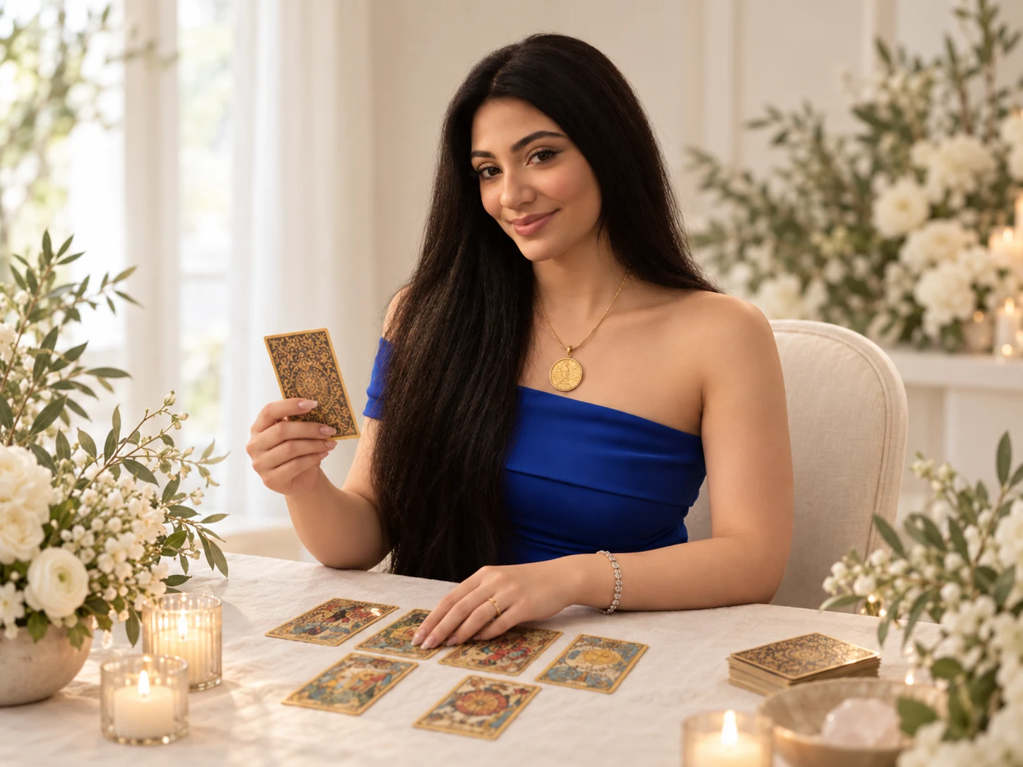 Sylvia holding a reading card at a table with ivory wedding flowers and cream linen